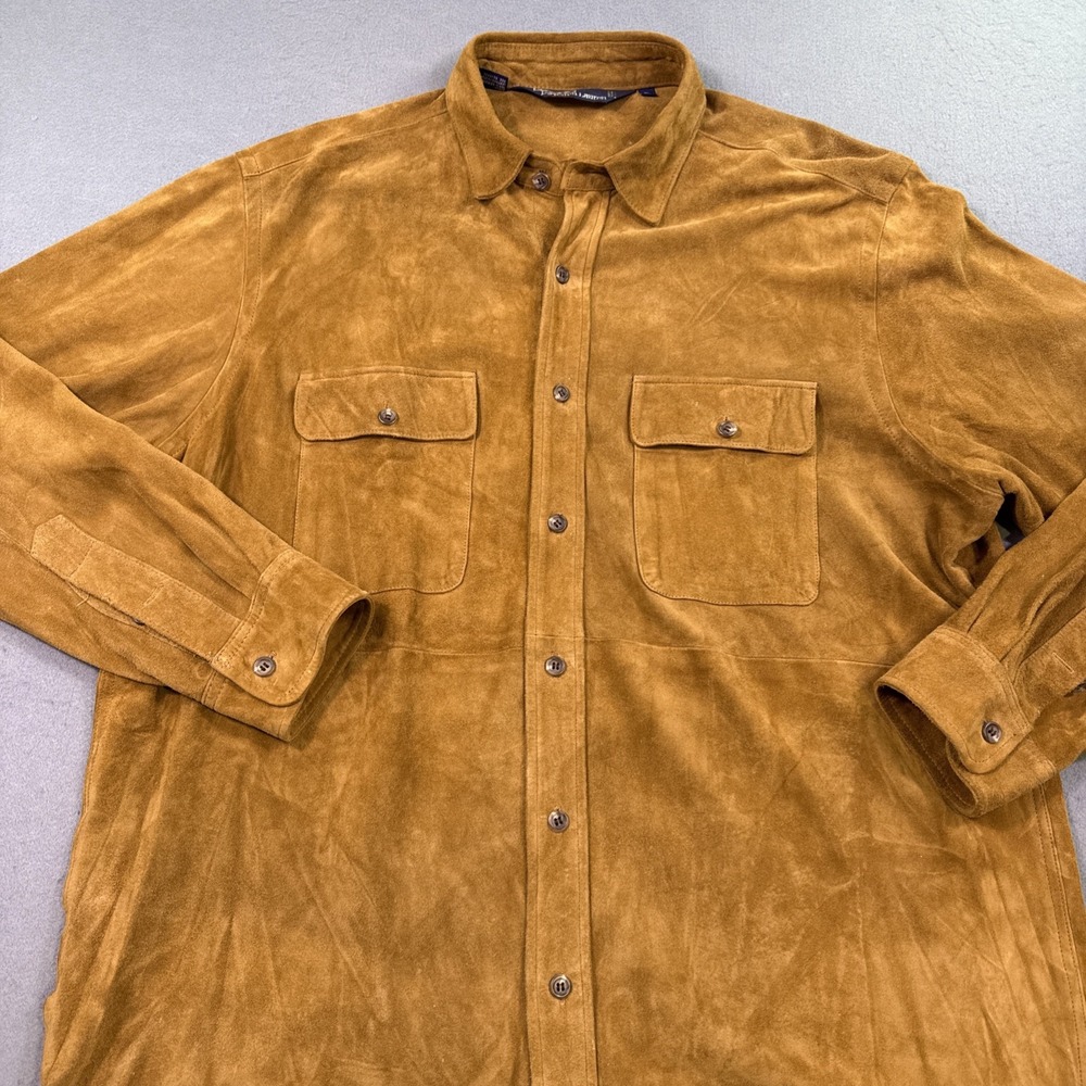 Polo Ralph Lauren Brown Suede Leather Button-Up Shirt XL EXCELLENT - Picture 2 of 8